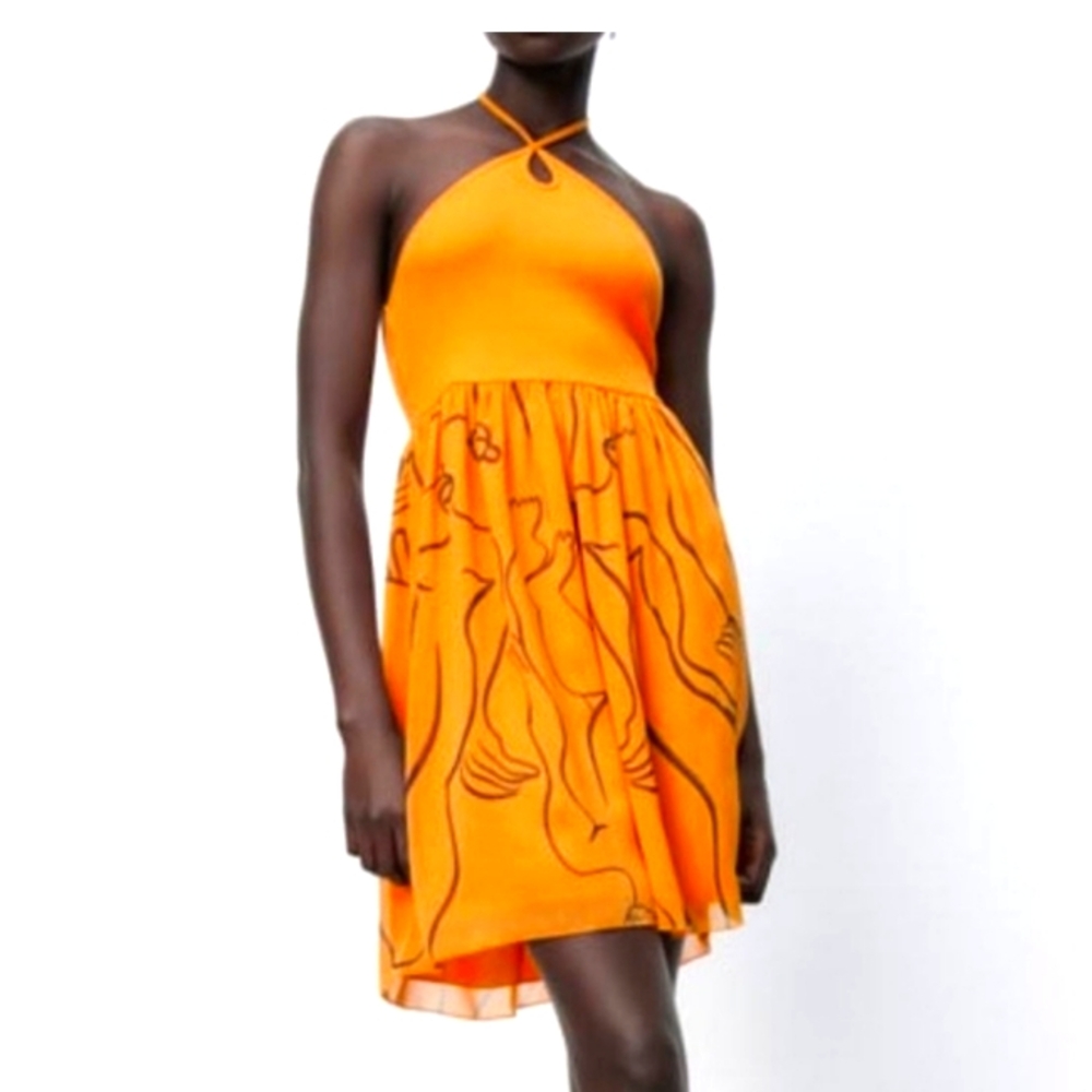 Zara And Dina Bukva Orange Halter Dress with Artistic Print Size M